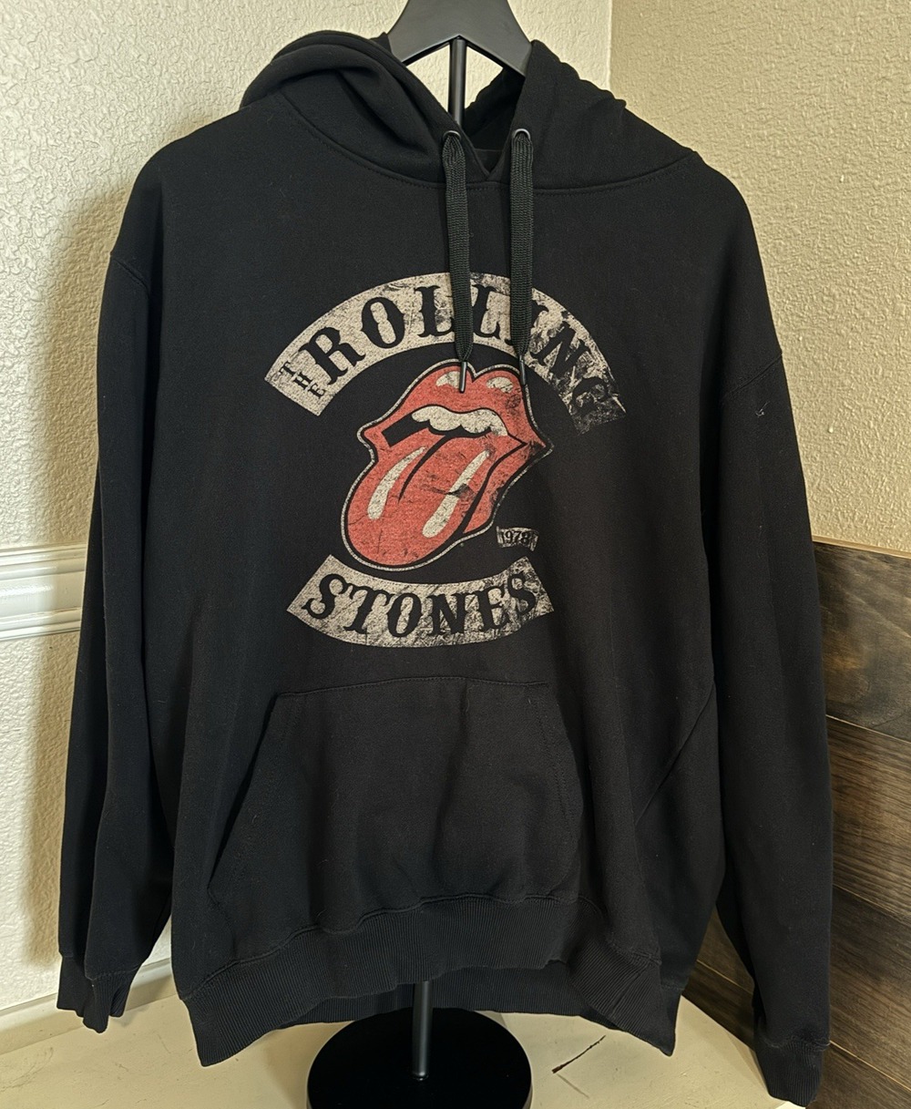 The Rolling Stones Black Hoodie Sweatshirt Graphic Tour Distressed Men's Size XL